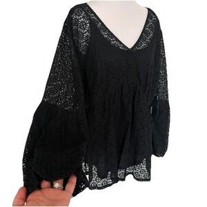 NWT Crochet Lace Blouse 1X Black Sheer Boho Festival Bell Sleeve Top Stretch